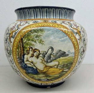 19TH.C OR EARLIER ITALIAN MAJOLICA JARDINIERE: Front image depicts "the leda & the swan" , bottom marked with clear conjoined double initial, possibly W over G, Continental, 19th century or earlier. Measures 13" height by 17" width. Condition: