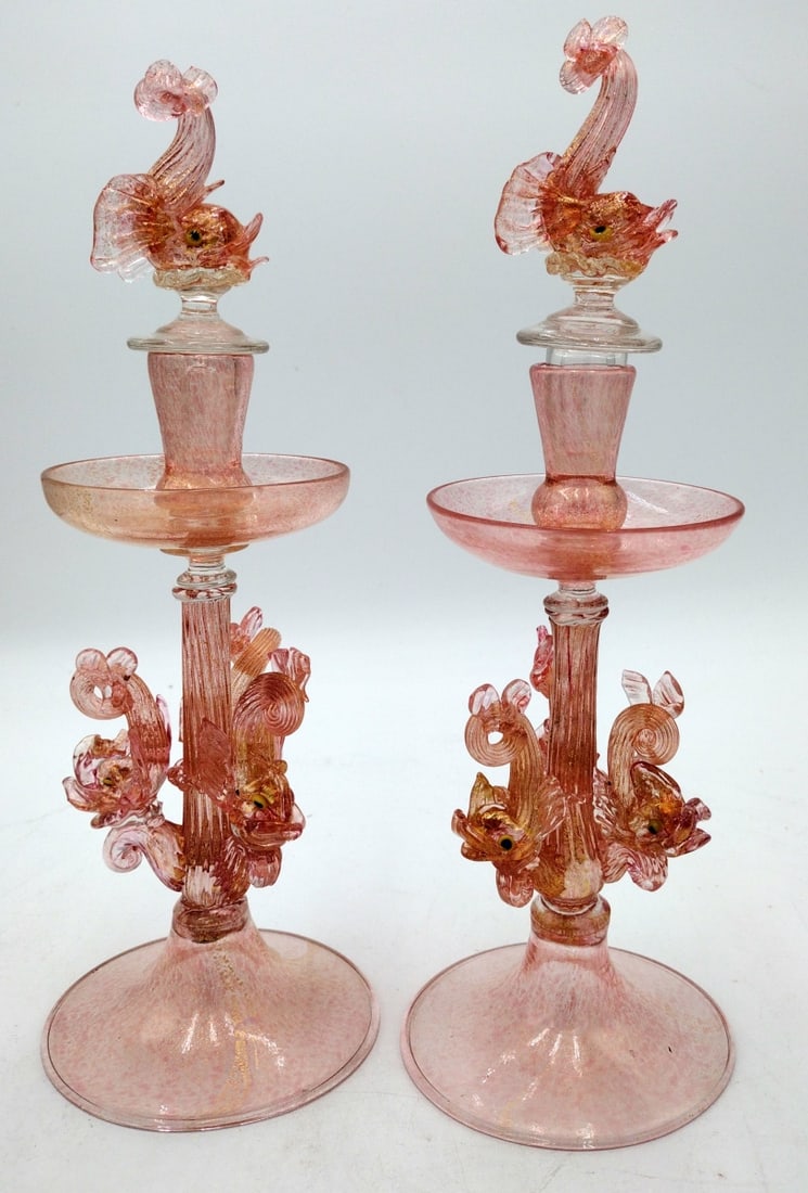 Pr VENETIAN MURANO DOLPHIN ART GLASS CANDLE HOLDER (1 of 9)