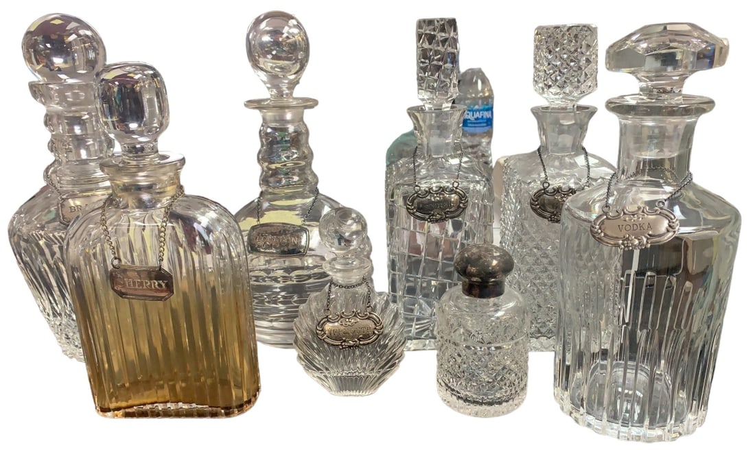 LOT OF 8 CRYSTAL DECANTERS WITH STERLING LABELS (1 of 1)