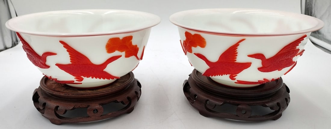 PAIR OF CHINESE PEKING GLASS DUCKS BOWLS ON BASES (1 of 7)