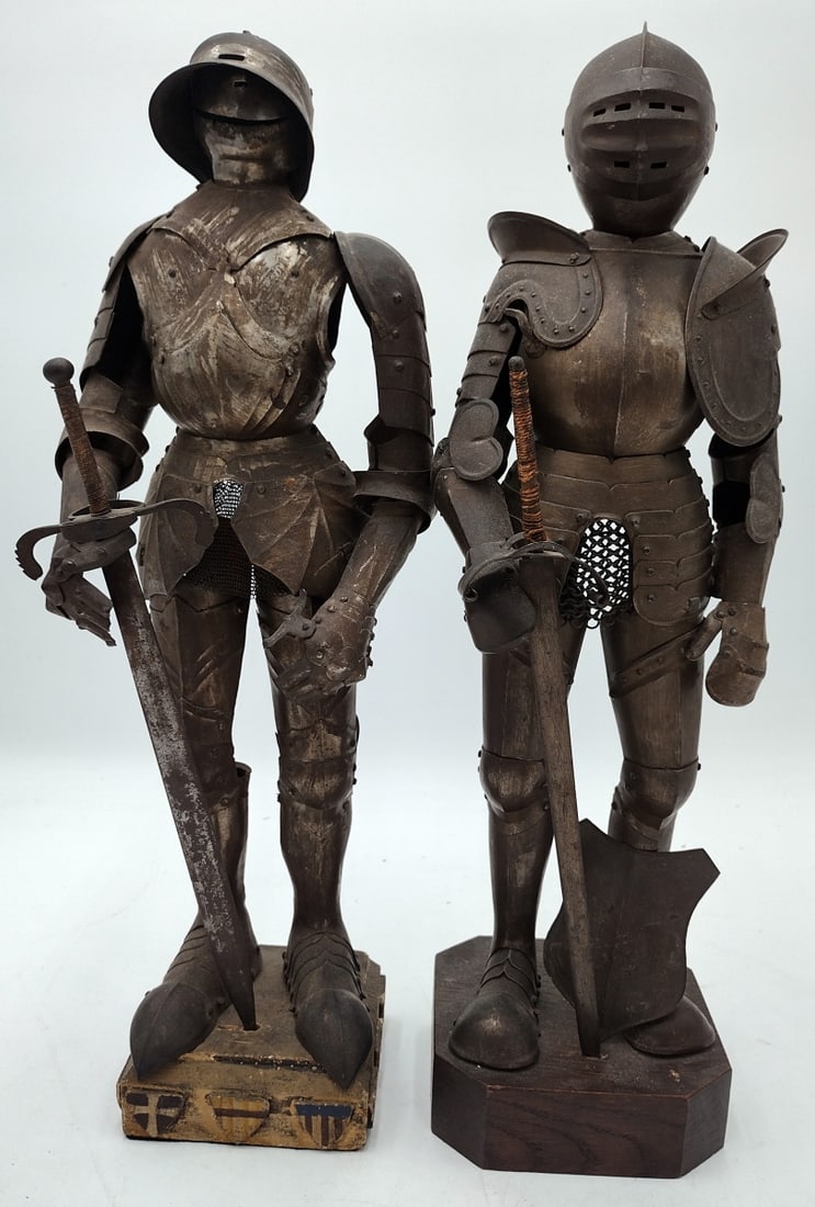 PAIR OF ANTIQUE ENGLISH METAL KNIGHT ARMORS: A pair of antique English hand crafted metal figural knights on wooden bases. No apparent hallmarks. Tallest measures approx. 17" height overall including base.