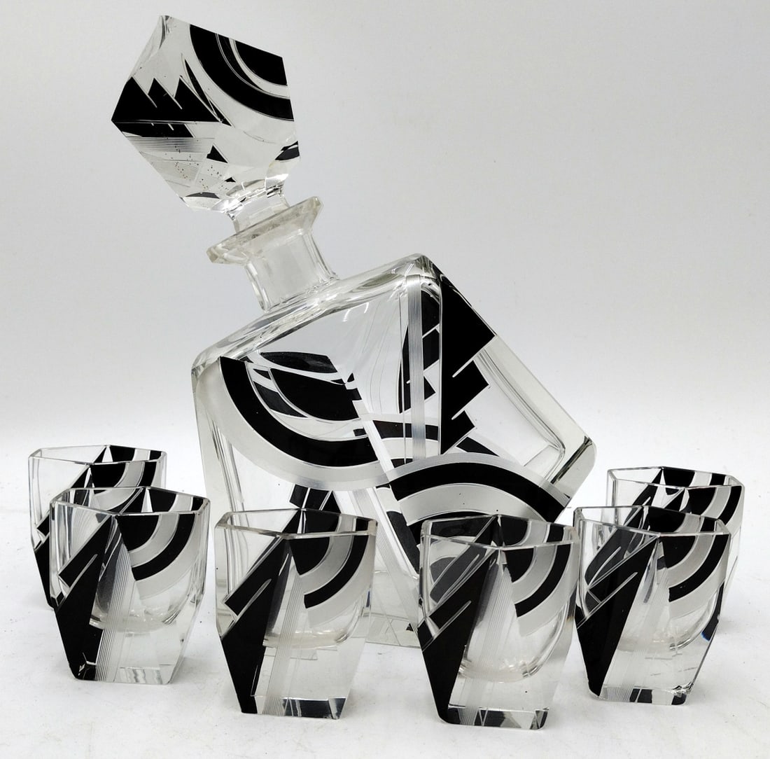 7pc ART DECO GLASS DECANTER & SHOT GLASS SET (1 of 9)