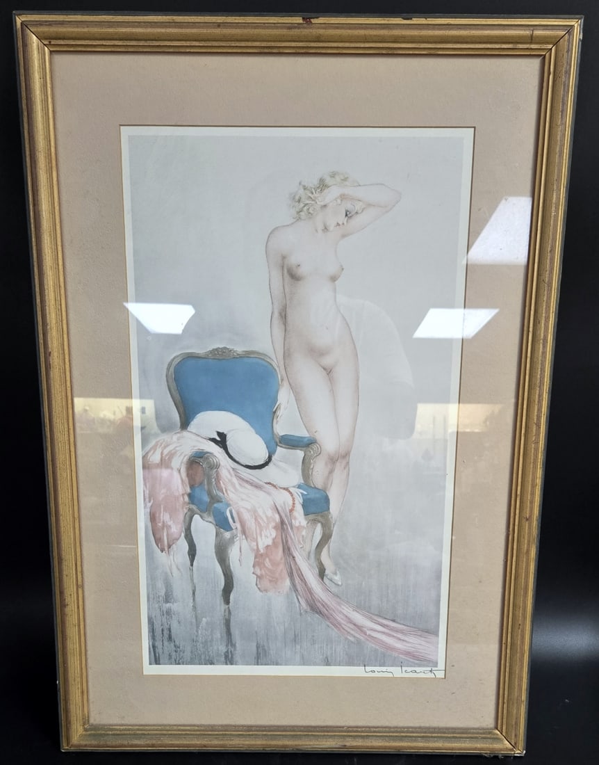 LOUIS ICART SIGNED PRINT OF NUDE FEMALE: Louis Justin Laurent Icart print depicting a nude female. Signed in the print to lower right. Mounted in a gold painted wooden frame with mat behind glass screen. Measures approx. 26" height x 18" wid