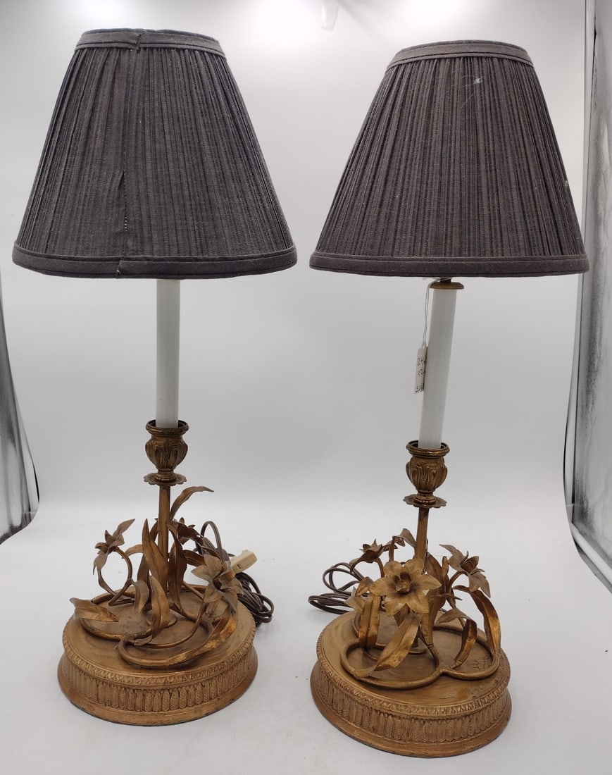 Pr ANTIQUE GERMAN GILT METAL FLORAL TABLE LAMPS (1 of 5)