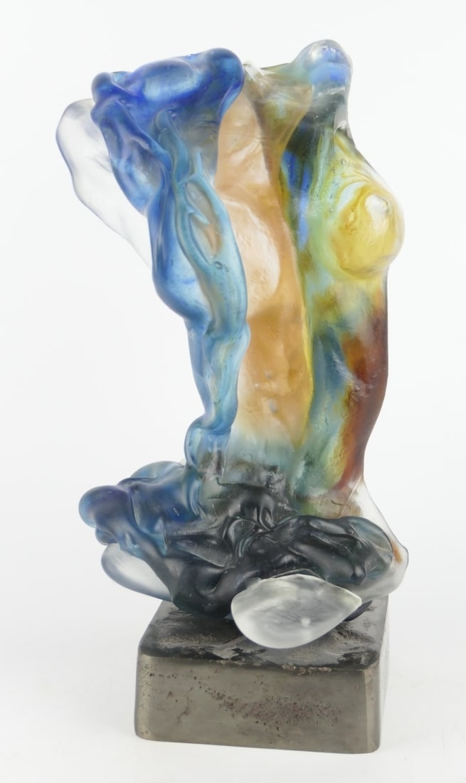 YVES LOHEZ (FRANCE B1947) "VENUS" GLASS SCULPTURE: Yves Lohez (FRENCH, Born 1947) multicolor art glass sculpture depicting the torso of a nude female titled "Venus". Mounted in a silver metal base. Impressed signature to top of base. Measures approx. 