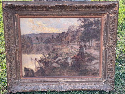 LEON AUGUSTIN L'HERMITTE (FRANCE 1844-1925) OIL ON BOARD SOTHEBY'S: Leon Augustin L'hermitte (FRENCH, 1844 - 1925) oil painting on board depicting a landscape scene with figures titled "Luaveses au Soir" or "Washers in the Evening". Signed to lower right and dated 192