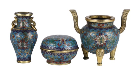 Chinese Cloisonne Lot: Vase, Covered Box & Urn
