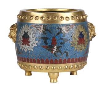 Chinese Cloisonne Brush Pot with Lion Handles