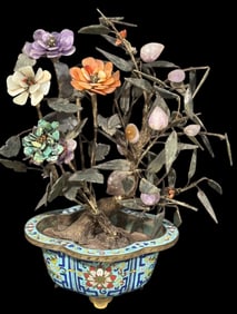 Chinese Jade and Gemstone Cloisonne Flower Pot
