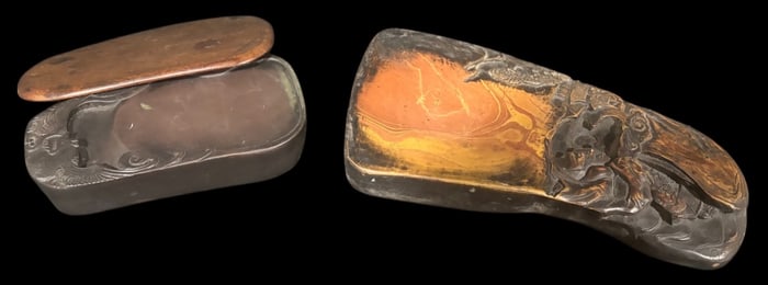 Lot of Two Chinese Inkstones with Zitan Wood Cover