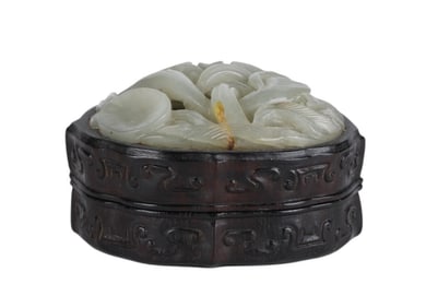Chinese Hand Carved White Jade & Hardwood Pill Box