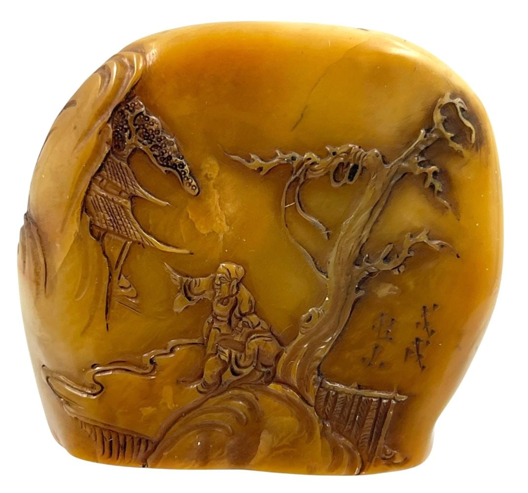 Chinese Shoushan Tian Huang Stone Seal: A finely crafted Chinese Shoushan Tian Huang stone seal, featuring intricate carvings of traditional motifs. The stone is renowned for its warm, amber hue and smooth texture. The seal's surface displa
