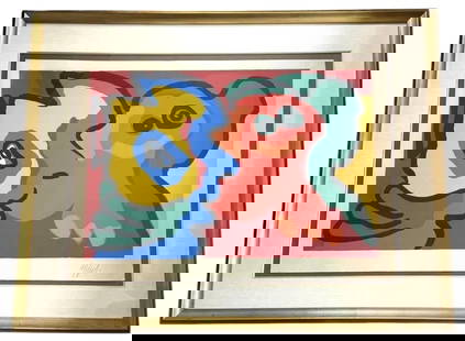 Karel Appel Pencil Signed 1970 Color Lithograph: This vibrant lithograph by Karel Appel (Dutch: 1921 - 2006), a prominent figure in the CoBrA art movement, showcases his signature bold colors and abstract forms. The piece captures Appel's dynamic st