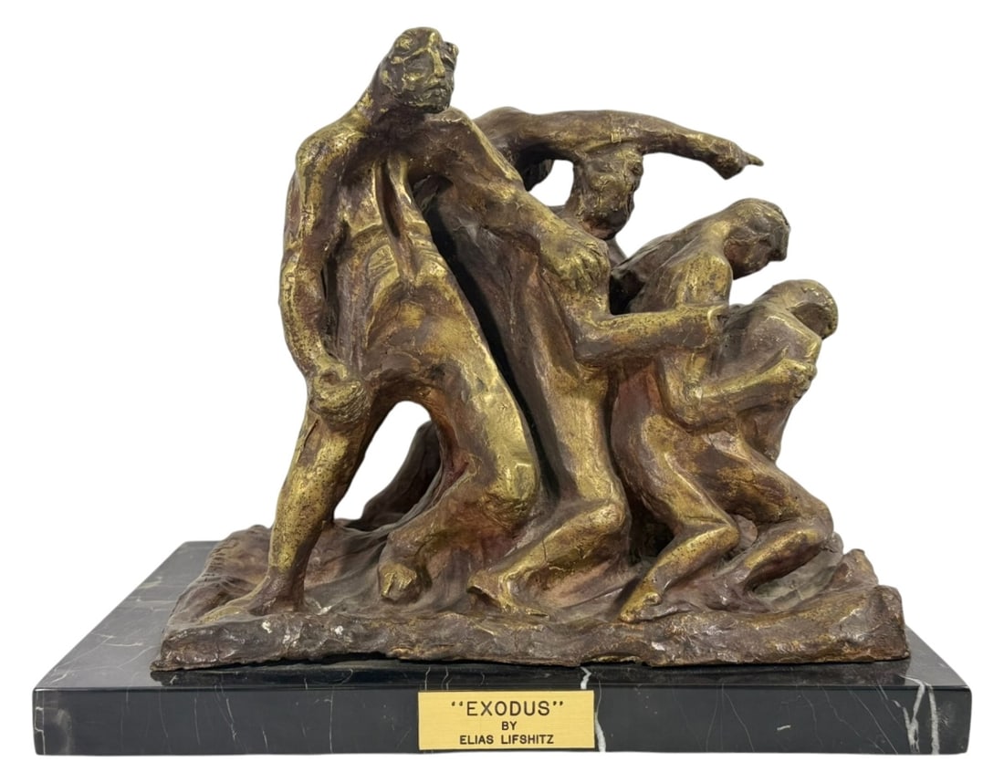 Elias Lifshitz Exodus Sculpture: A dynamic bronzed sculpture titled 'Exodus' by Elias Lifshitz, depicting a group of figures in motion, capturing a sense of struggle and movement. The piece is mounted on a black marble base, enhancin