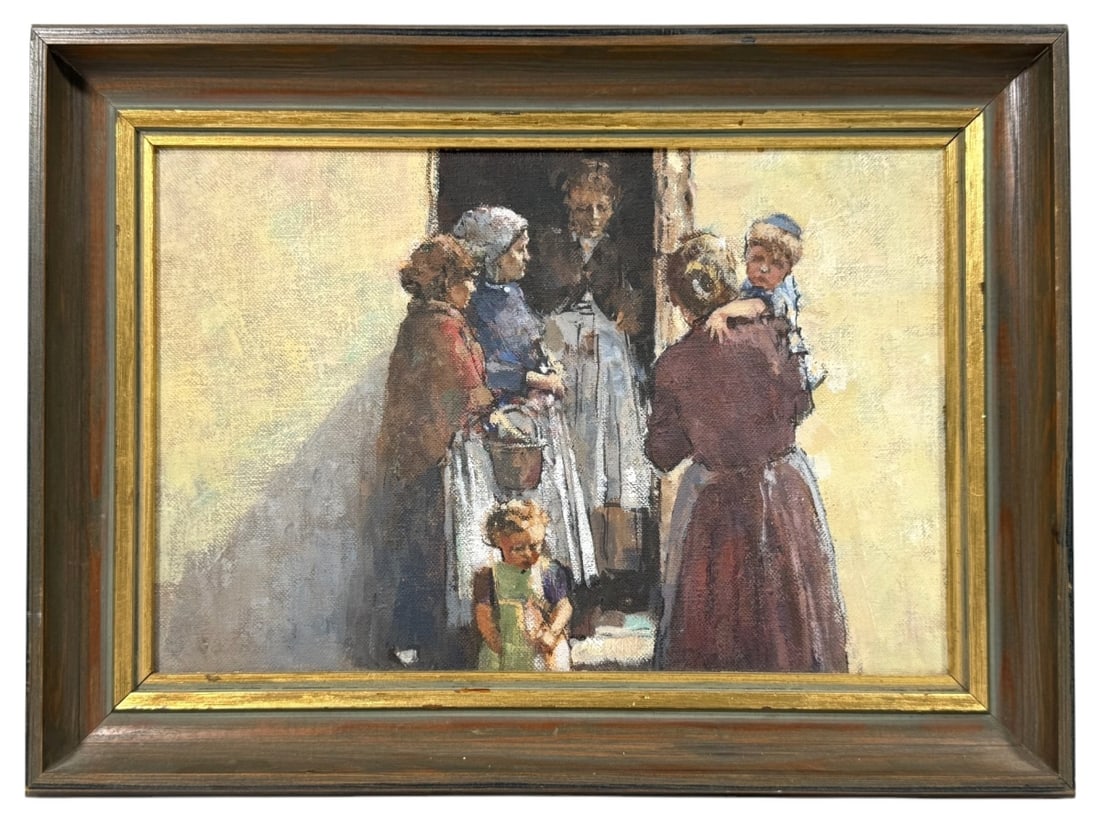 Dianne Flynn Impressionist Oil Painting on Canvas: A captivating impressionist oil painting by Dianne Flynn (United Kingdom: B. 1939), depicting a group of women and children gathered at a doorway. The scene is rendered with soft brushstrokes and a wa