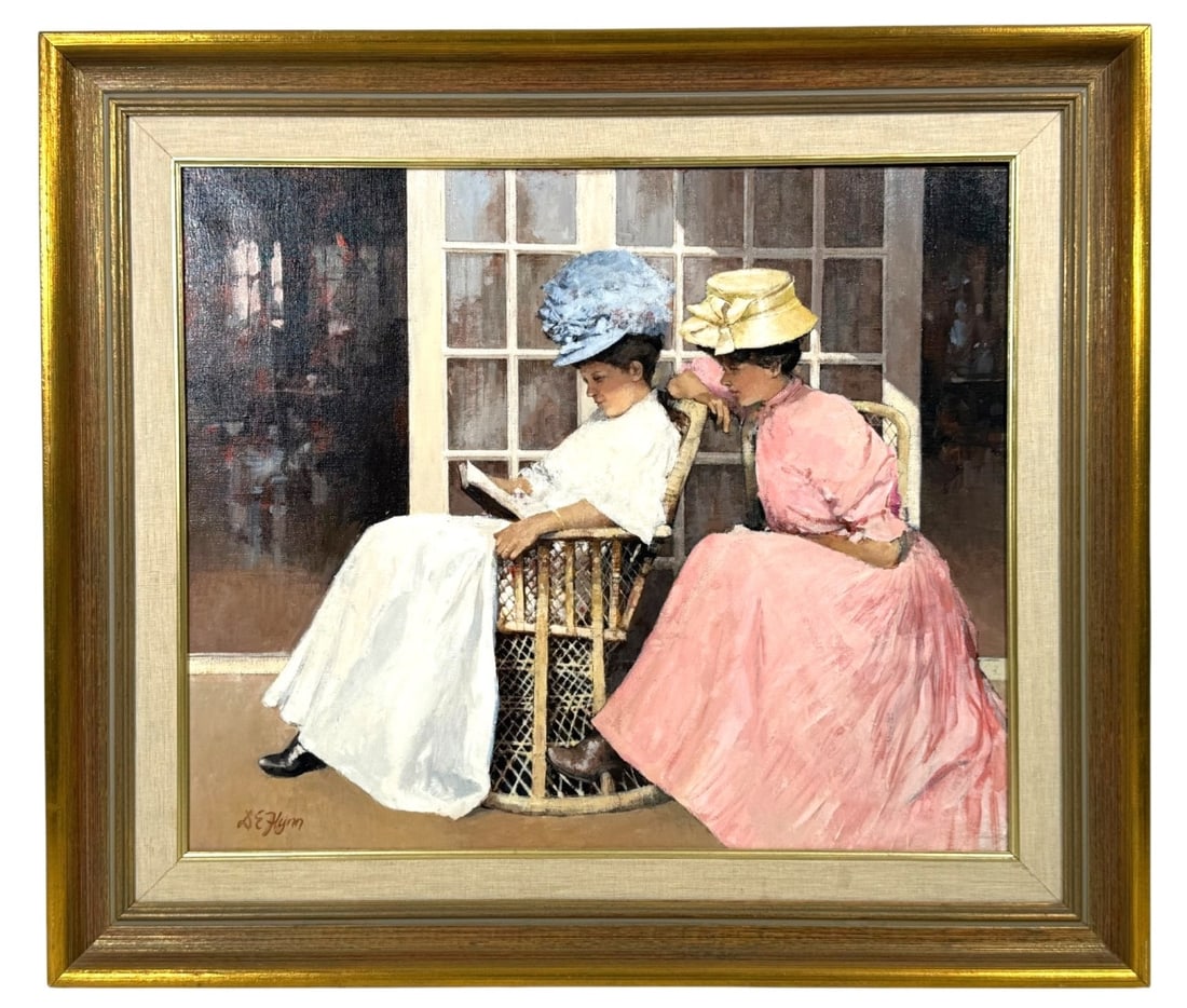 Dianne Flynn 20th C. Oil Painting on Canvas: An oil painting on canvas by Dianne Flynn (United Kingdom: B. 1939), depicting two women in elegant attire sitting in a wicker chair. The composition highlights a serene domestic scene with detailed b