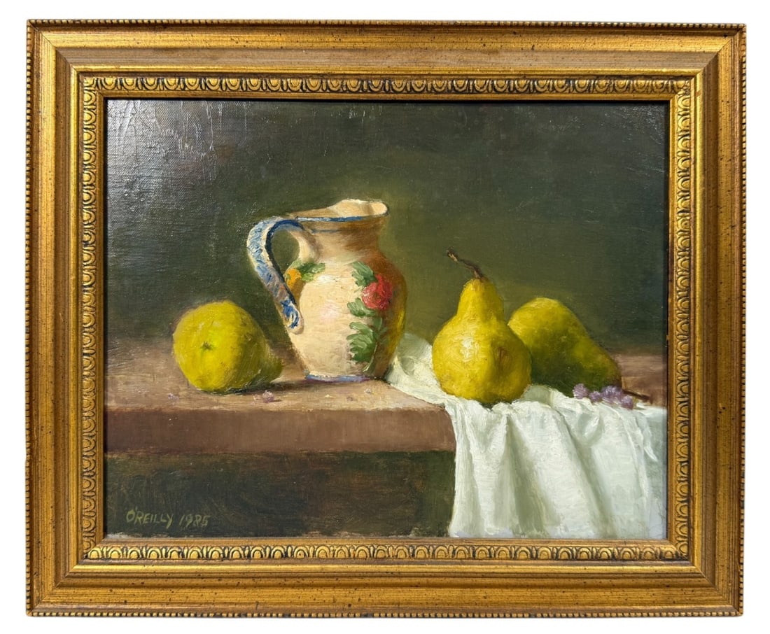 T. OReilly Still Life Oil Painting on Canvas: A beautifully composed still life oil painting by T. O'Reilly, dated 1985. The artwork features a classic arrangement of fruits, including pears and a lemon, alongside a decorative ceramic jug on a wo