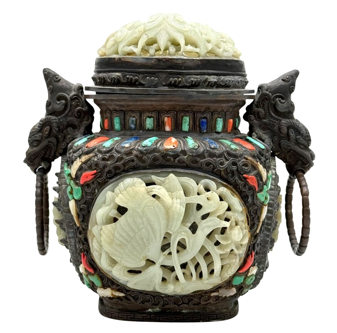 Antique Chinese Silver/Bronze Inlaid Jade Censer (1 of 13)