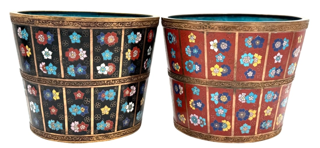 Pair of Chinese Bronze Cloisonne Flower Pots (1 of 13)
