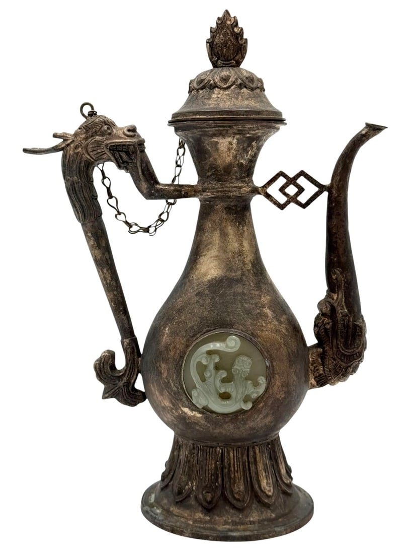 Chinese Tibetan Silver & Jade Dragon Teapot (1 of 7)
