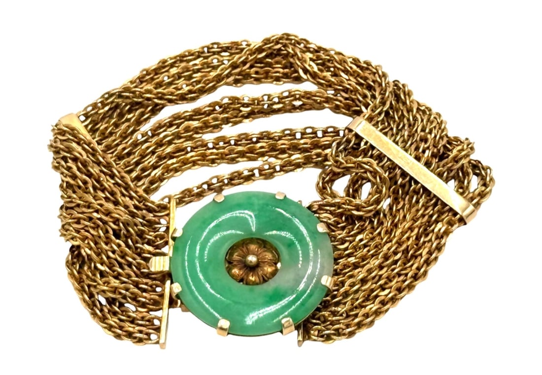 Chinese Apple Green Jade Gold Tone Mesh Bracelet (1 of 3)