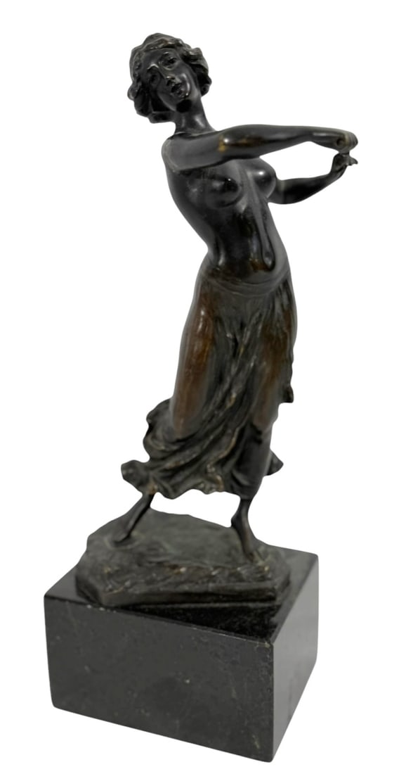 Philipp E. Hamburger Bronze Semi-Nude Dancer: A sensual bronze sculpture by Phillipp E. Hamburger (Germany: Active - 1890-1914) depicting a graceful semi-nude dancing female figure. The piece showcases exquisite detailing in the flowing garments