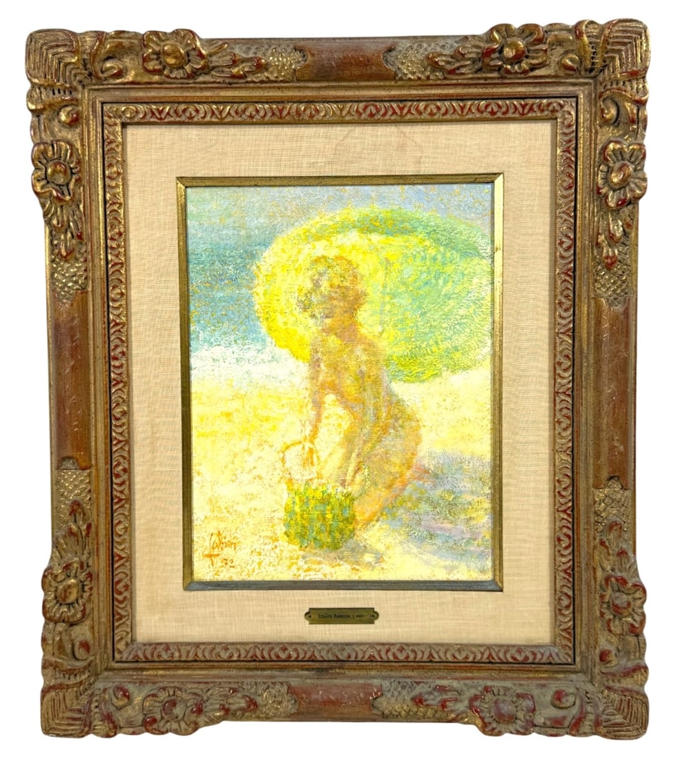 Louis Fabien Nude Parasol Blonde Oil Painting: An oil painting on canvas by Louis P. Fabien (United States/Belgium/France: 1924 - 2016), known for his vibrant and impressionistic style. This piece depicts a sunny beach scene with a blonde nude fem