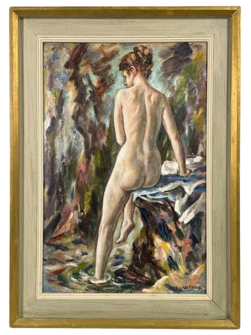 Marko Vukovic Nude Study Oil Painting on Board: This captivating oil painting by Marko Vukovic (American/Yugoslavian: 1892 - 1973) features a nude study, showcasing a classical approach to the human form. The artwork is executed on board, with a vi