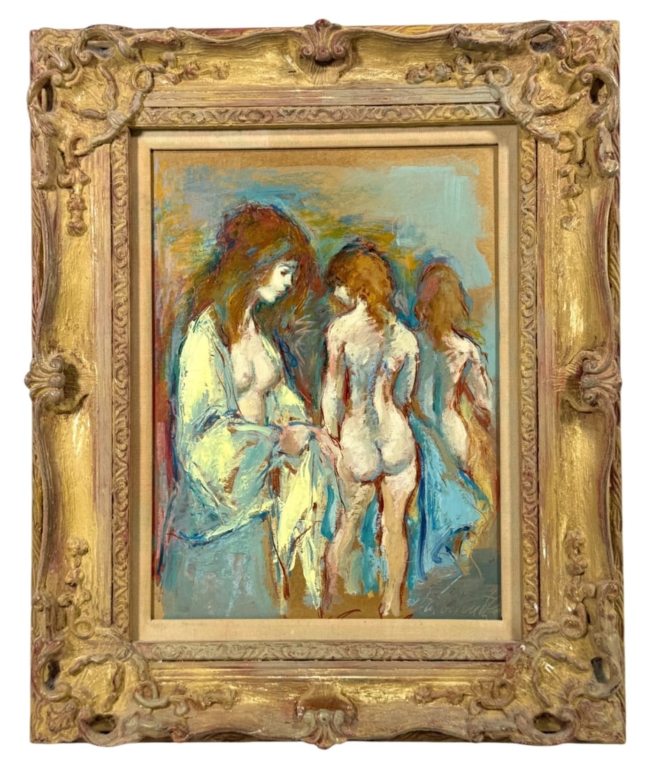 Jan De Ruth Three Nudes Oil Painting on Board: This captivating oil painting titled 'Three Nudes' is by Jan De Ruth (Czech Republic: 1922 - 1991). The artwork features an expressive depiction of three nude figures, showcasing De Ruth's mastery in