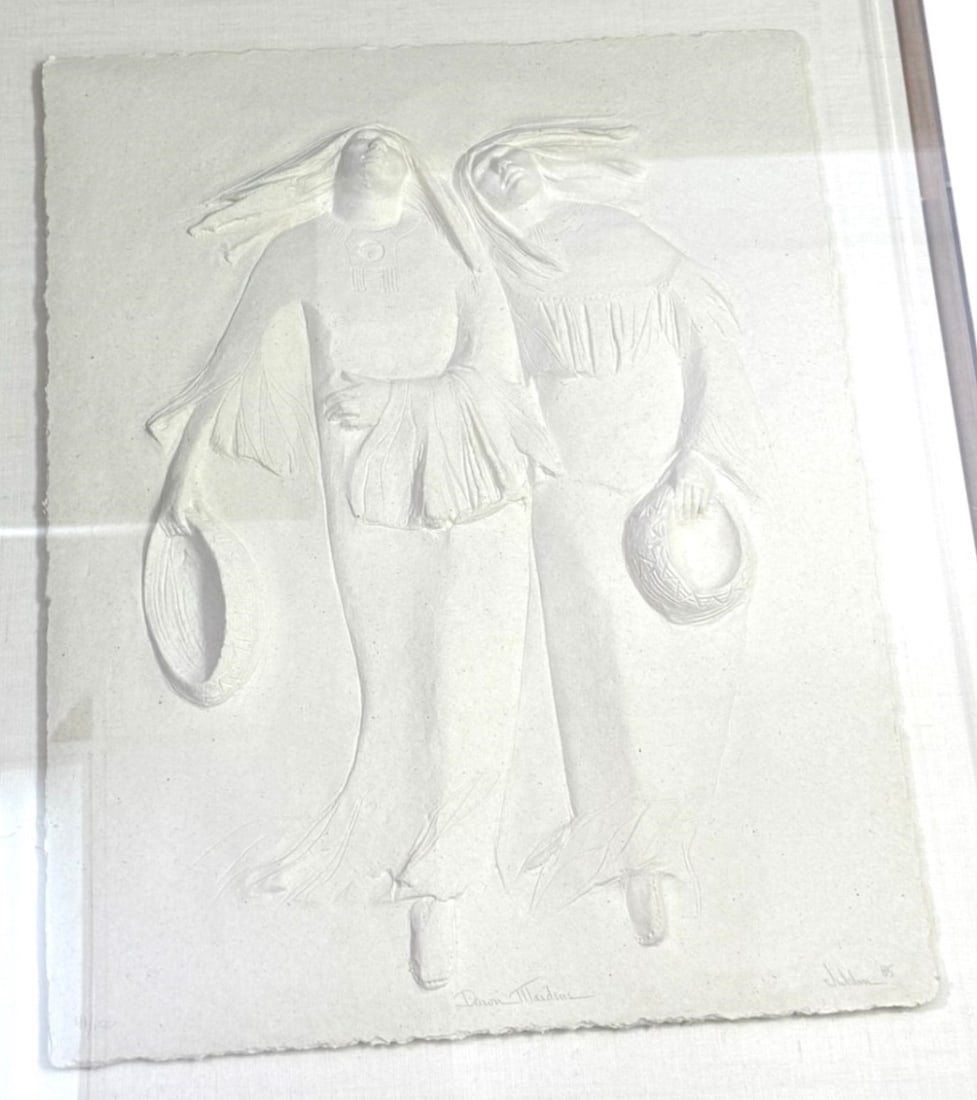 Jean Juhlin Dawn Maidens Relief Sculpture, 1985: A captivating relief sculpture by Jean Juhlin (American/Indiana: B. 1931) titled 'Dawn Maidens', dated 1985. This piece is elegantly mounted in a clear acrylic shadow box frame, enhancing its visual a