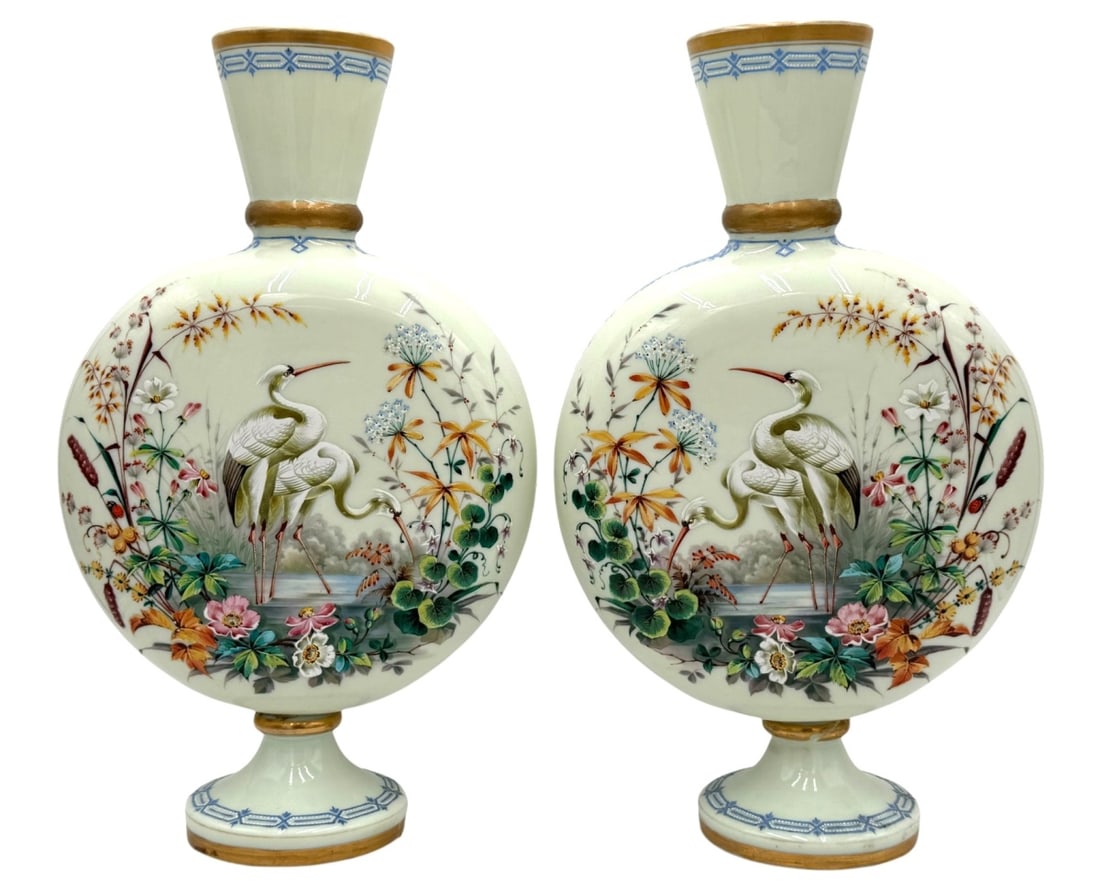 Hand-Painted Porcelain Moon Flask Vases w/ Herons (1 of 8)