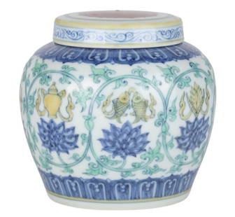 Chinese Dou-Cai Hand Painted Lidded Flower Jar: A beautifully crafted Chinese Dou-Cai lidded flower jar, showcasing intricate hand-painted designs. The jar features traditional motifs, including floral patterns and symbolic elements, rendered in a