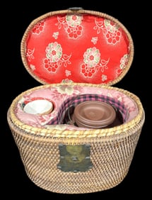 Chinese Yixing Zisha Teapot Set in a Woven Basket