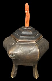 Chinese Bronze Footed Censer w/ Coral Figure