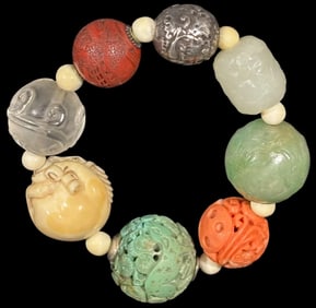 Chinese Hand Carved Beaded Gemstone Bracelet