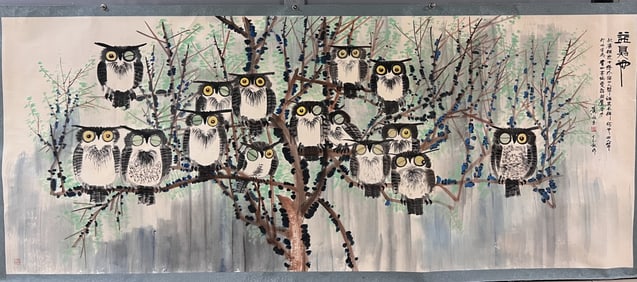 20th C. Chinese Hanging Scroll Painting - Owls