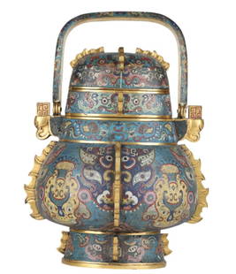 Chinese Qing Dynasty Cloisonne Vessel: A stunning Chinese Qing Dynasty cloisonn? vessel, showcasing intricate enamel work in vibrant blue, red, and gold hues. The vessel features traditional Chinese motifs, including stylized clouds and my