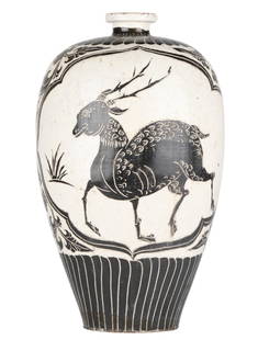 Chinese Song Dynasty Cizhou Kiln Beast Bottle Vase: A Chinese hand-painted Cizhou Kiln bottle vase from the Song Dynasty, featuring intricate black and white designs. The vase displays a mythical beast on one side and floral motifs on the other, showca