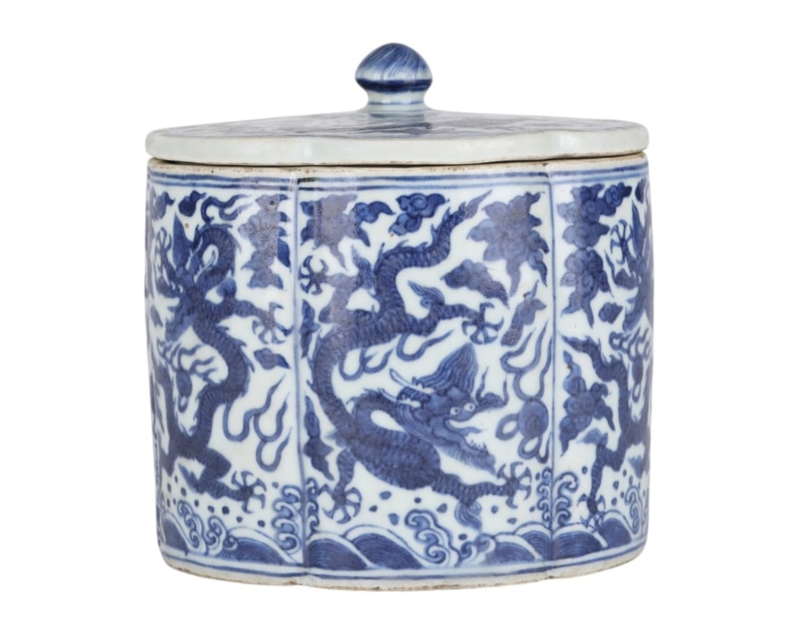 Chinese Blue & White Porcelain Dragon Lidded Jar: This exquisite Chinese porcelain lidded jar features a classic blue and white design, showcasing hand-painted dragons amidst cloud motifs. The jar is crafted in a traditional style, with intricate det