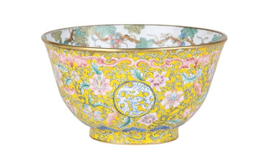 Chinese Famille Rose Enamel on Copper Bowl: A beautifully crafted Chinese famille rose enamel on copper bowl, showcasing intricate floral designs with vibrant pink, blue, and green hues against a striking yellow ground. The interior features de