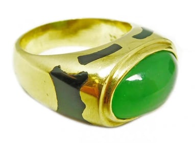 18K Yellow Gold Jadeite Cabochon Onyx Ring w/ GIA