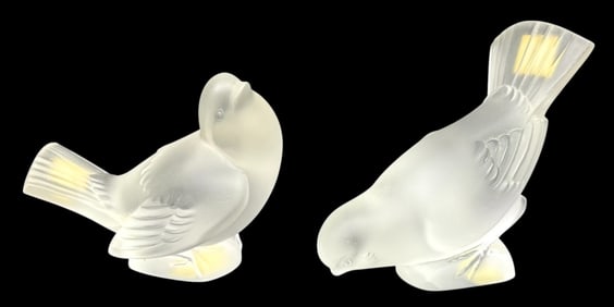 Lalique Moineau Moqueur & Sparrow Crystal Paperweight Figures