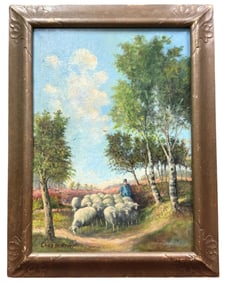 Charles P Gruppe Oil Painting of Shepherd w/ Flock
