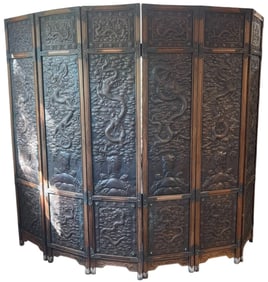 Chinese Six-Panel Wood & Repousse Dragon Screen