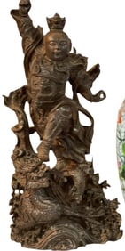 Chinese Wood Carving of Guan Yu Slaying a Dragon