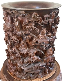Chinese Wood Carved Eighteen Arhats Brush Pot