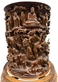 Chinese Wood Carved Eighteen Arhats Brush Pot