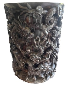 Chinese Wooden Carved Dragon Brush Pot