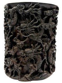 Chinese Wooden Carved Dragon Brush Pot
