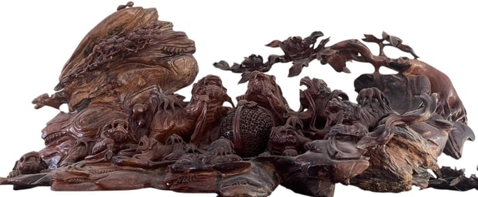 Chinese Scenic Wood Carving of Wild Foo Dogs